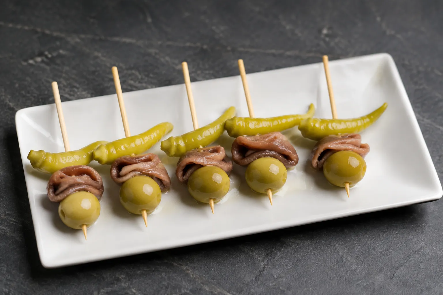 Gildas de anchoa, aceituna y piparra