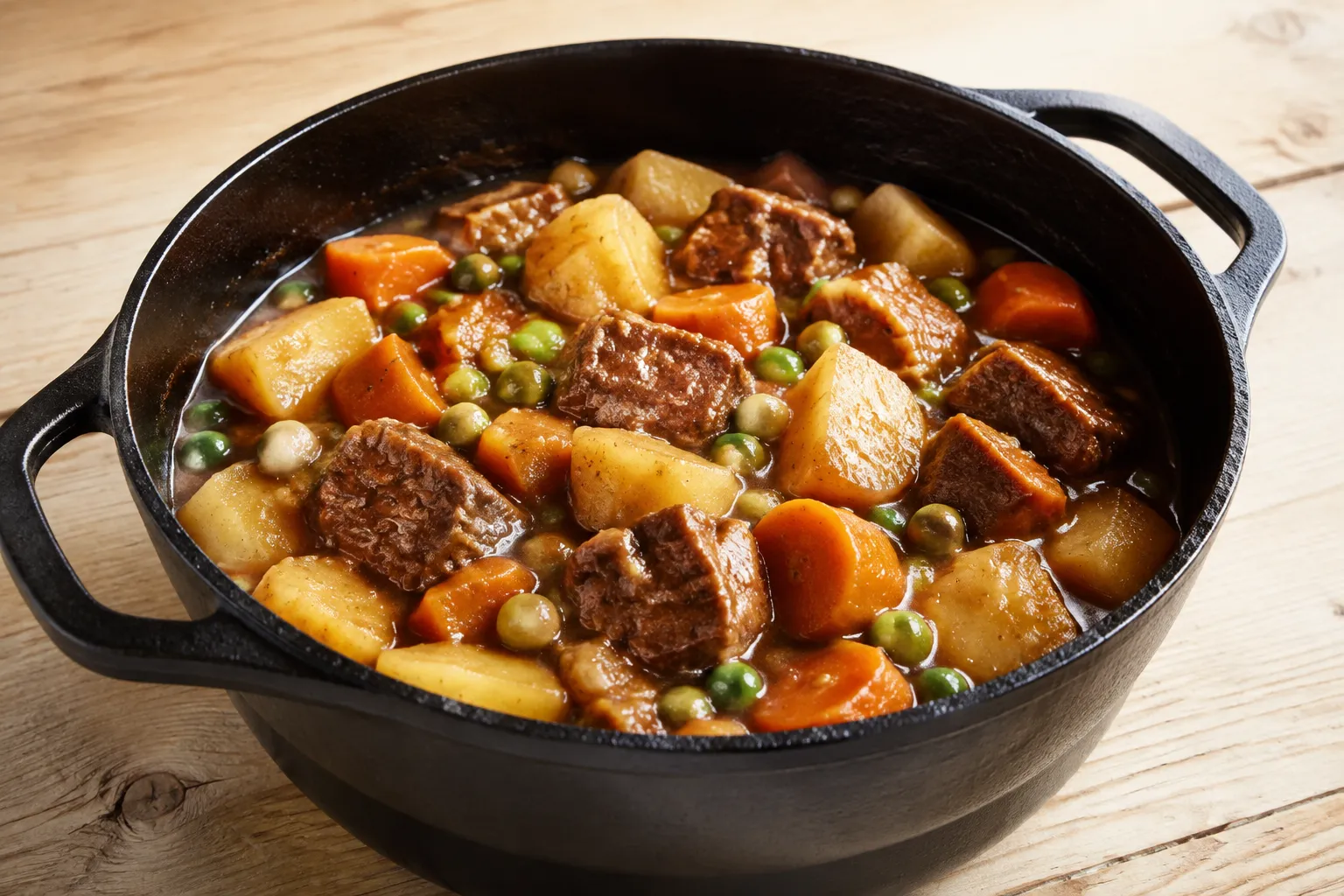 Guiso de ternera con patatas, zanahorias y guisantes