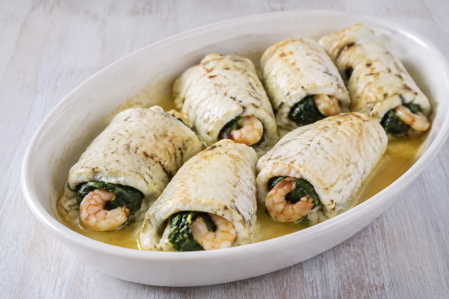 Lenguado relleno de espinacas y gambas