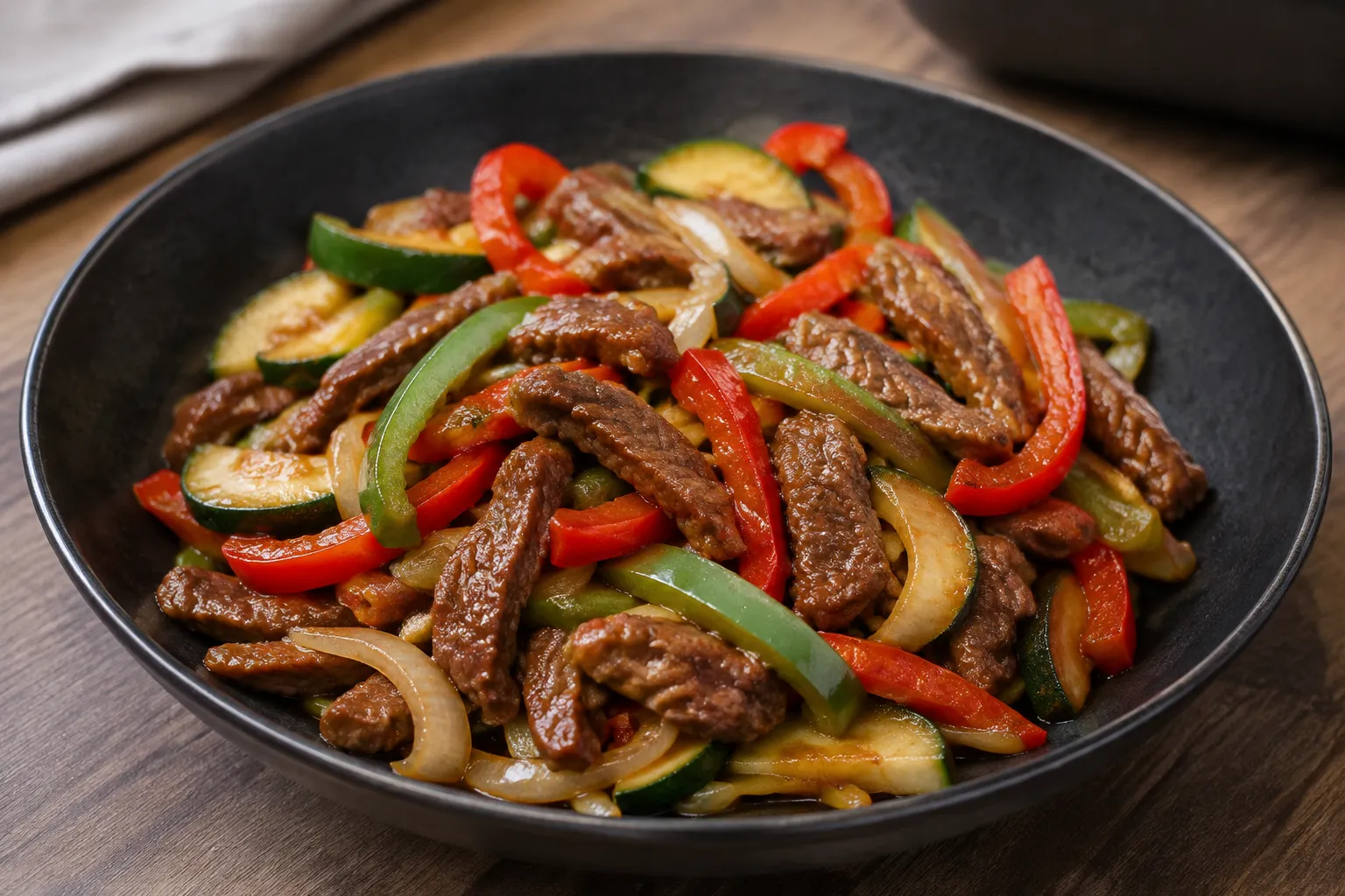 Lomo de ternera salteado con verduras