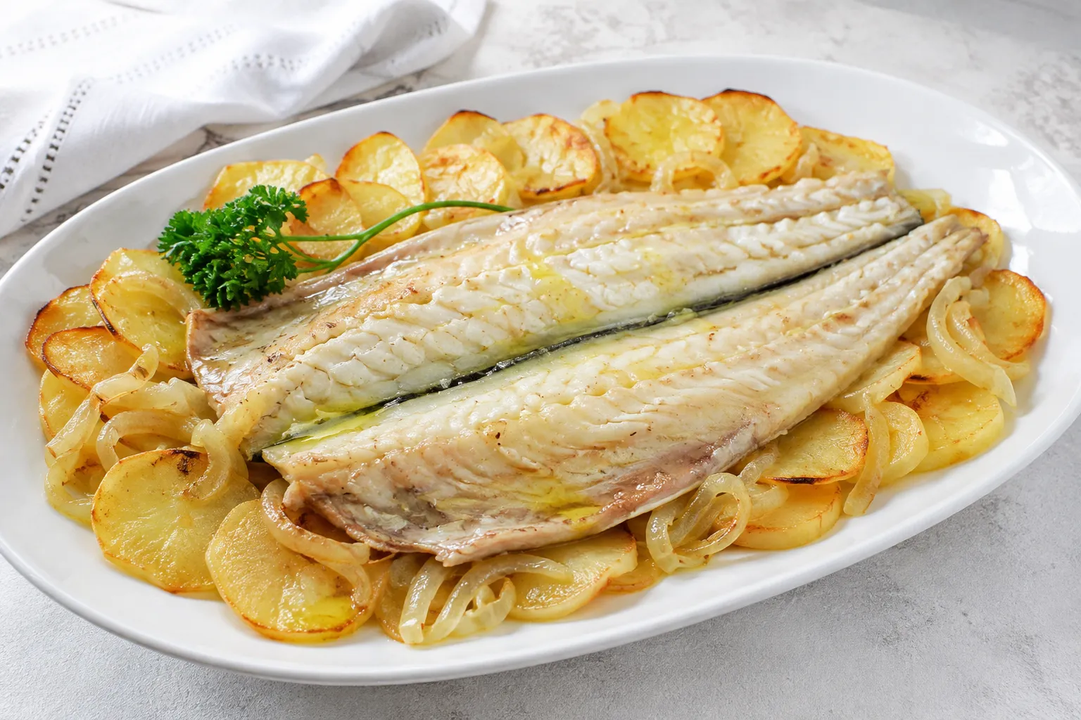 Lubina al horno con patatas y tomates cherry