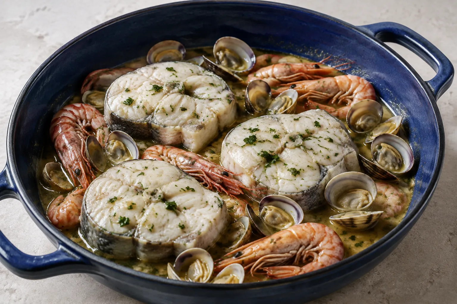 Merluza con almejas y gambas