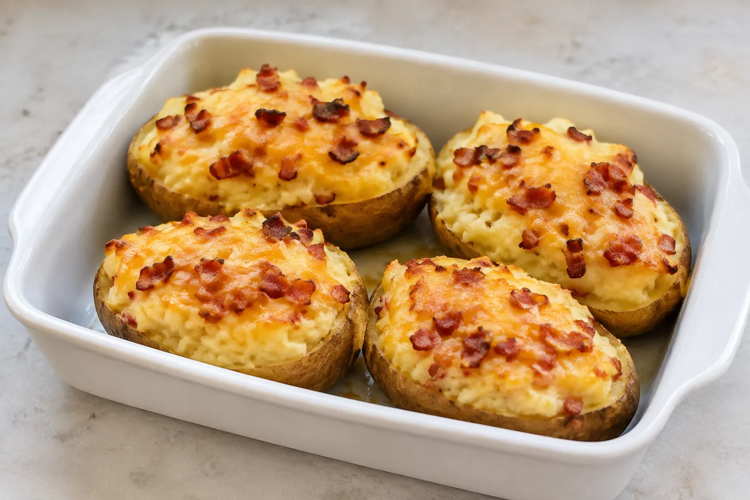 Patatas rellenas de queso y beicon