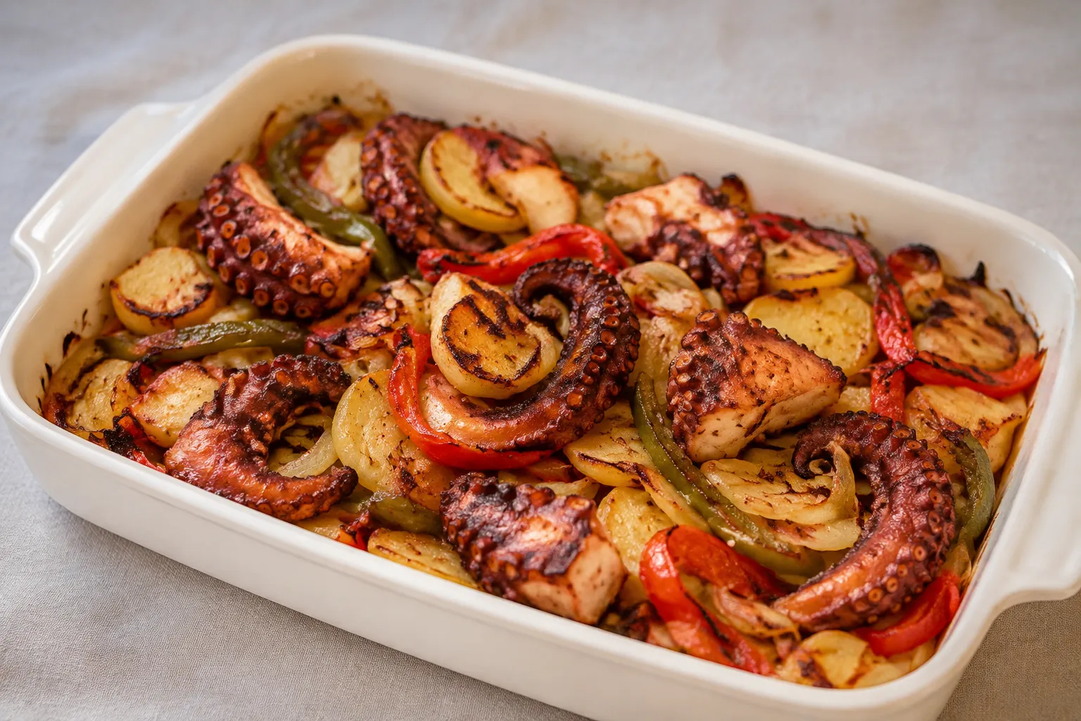 Pulpo al horno con patatas, cebolla y pimientos