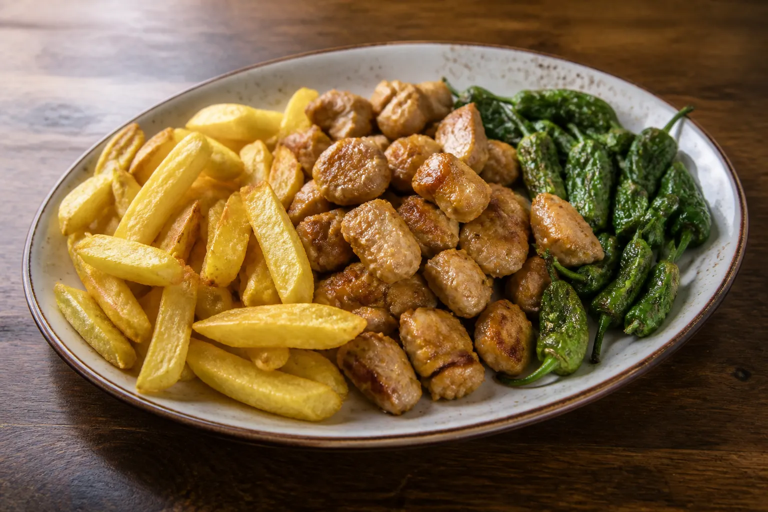 Raxo con patatas y pimientos de Padrón