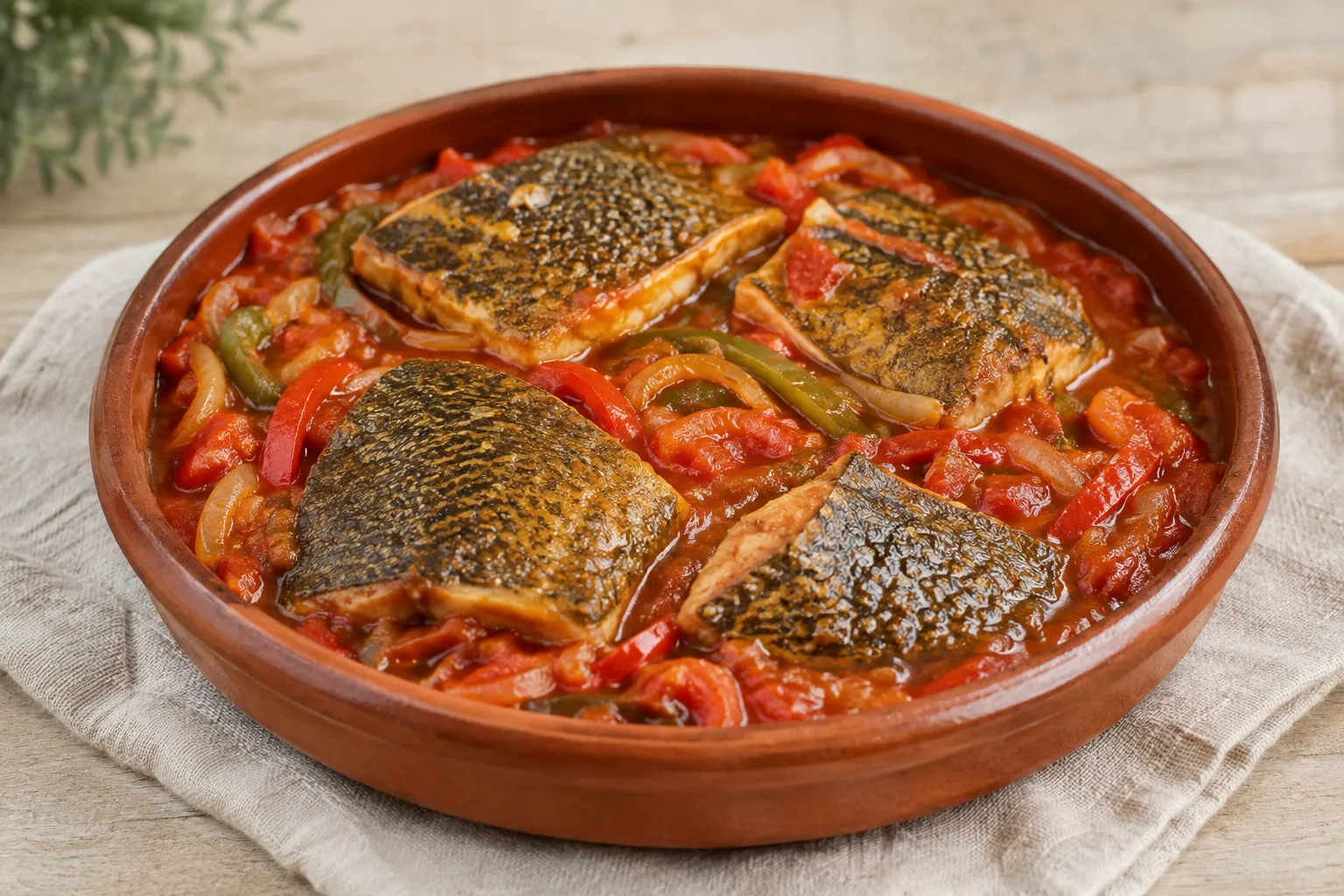 Rodaballo a la cazuela con tomate, cebolla y pimiento