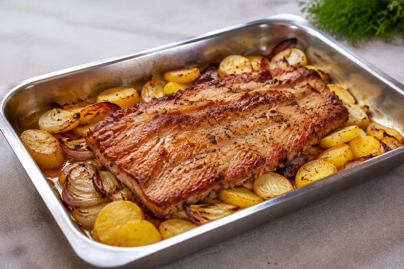 Secreto de cerdo al horno con patatas y cebolla