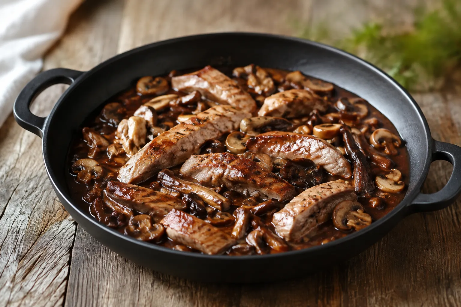 Secreto de cerdo en salsa de vino tinto y setas