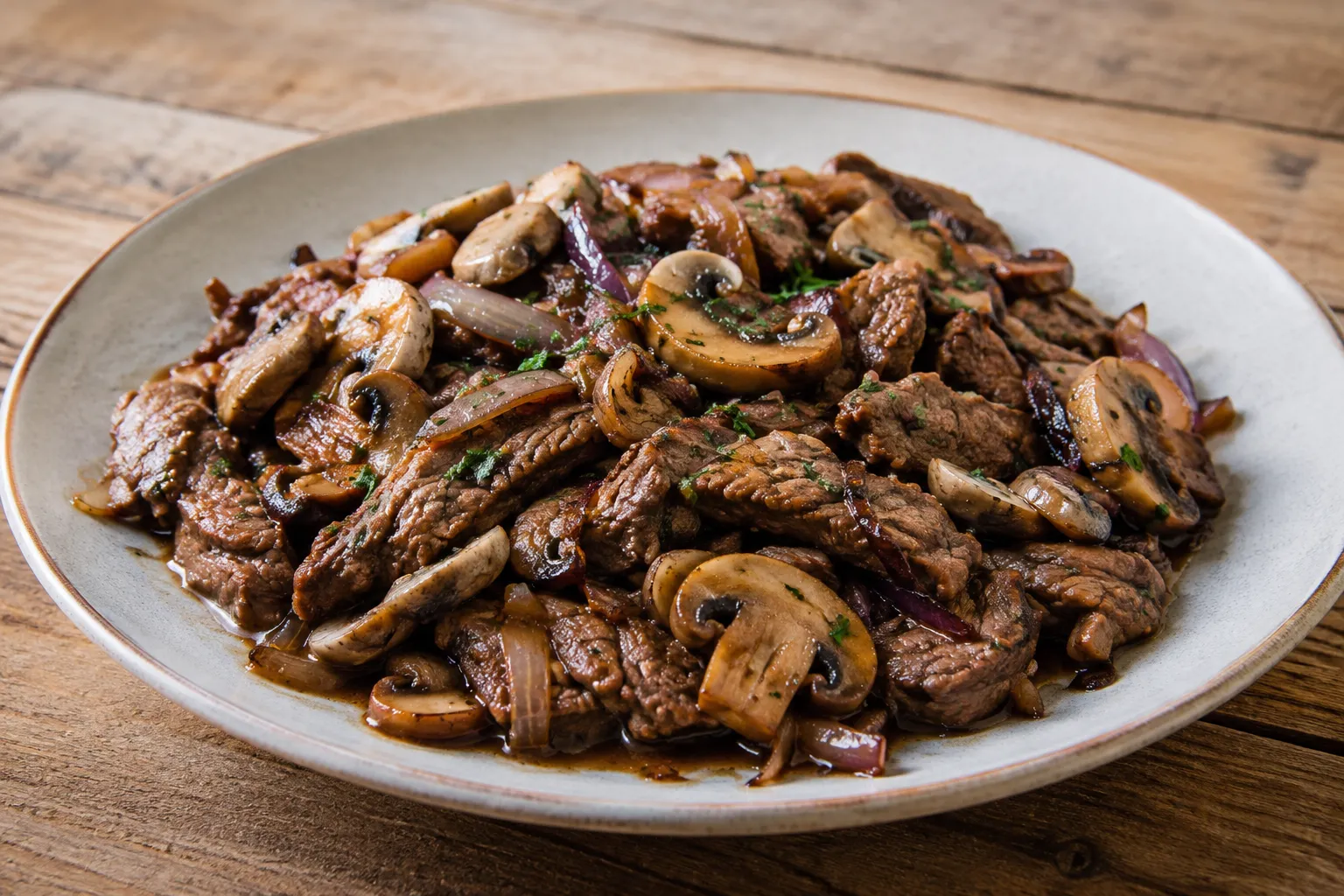ternera con champiñones y cebollacaramelizada