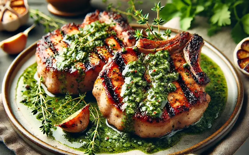 Chuletas de cerdo a la parrilla con salsa de hierbas