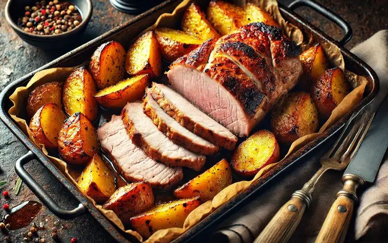 Cinta de lomo de cerdo al horno con patatas