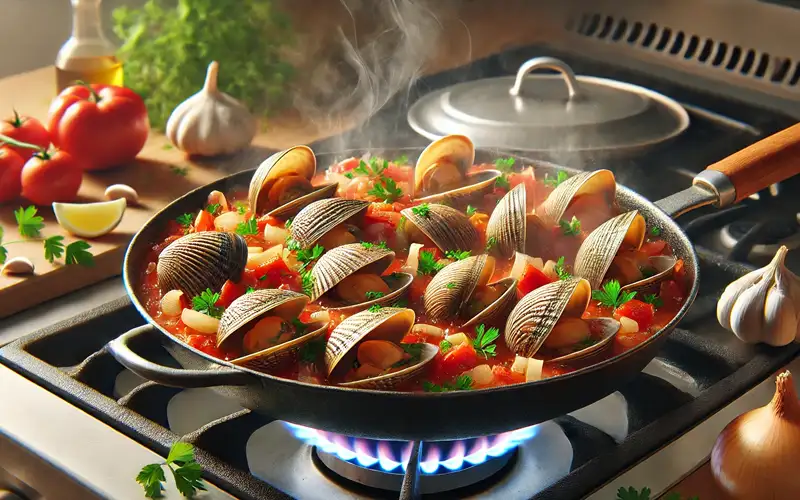 cocinando las almejas a la marinera