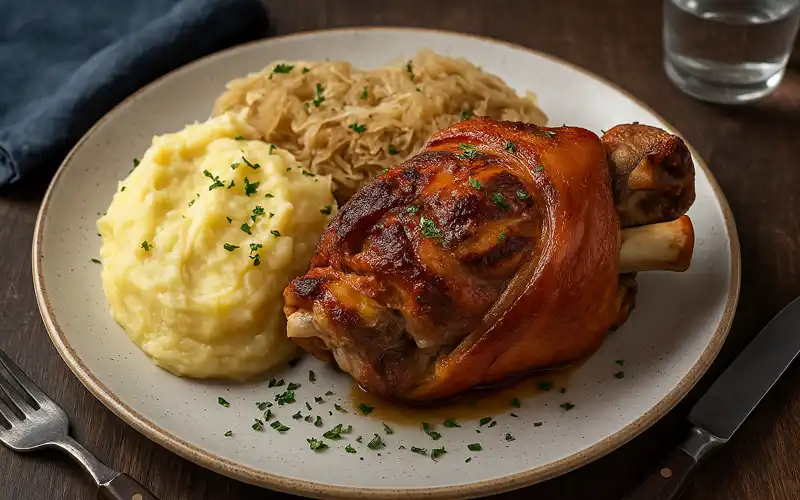 Codillo asado con chucrut y puré de patata