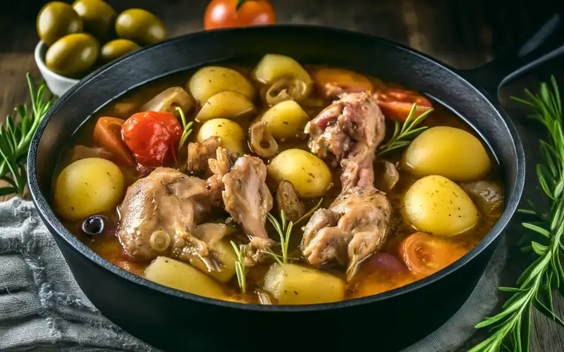 Conejo al ajillo con patatas al horno