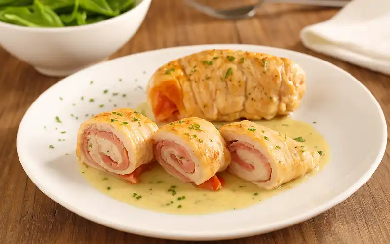 Receta de envoltinis de pollo, pechugas rellenas de jamon y queso