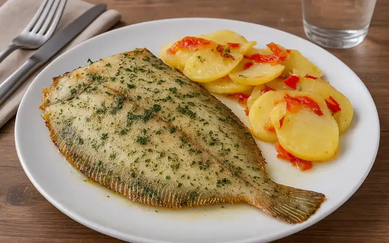 Gallo al horno con patatas y verduras