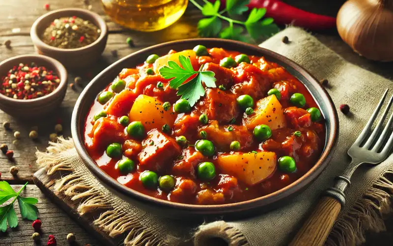 Guiso de ternera con patatas zanahoria y guisante