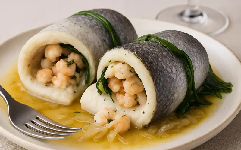 Lubina rellena de gambas