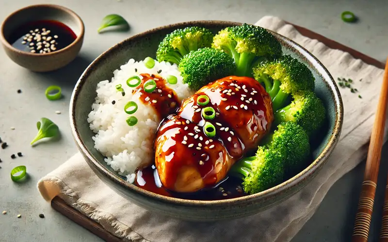 Pollo teriyaki con brócoli y arroz