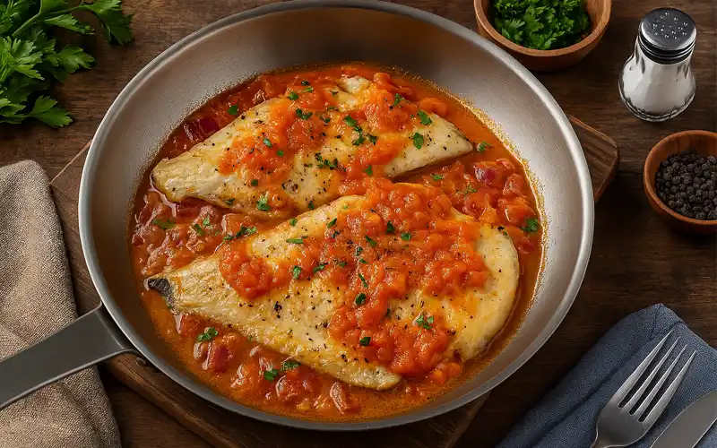 Rodaballo a la Cazuela con Tomate, Cebolla y Pimiento