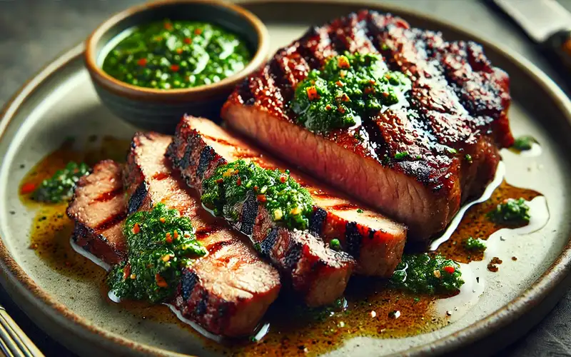 Secreto de cerdo a la parrilla con salsa chimichurri