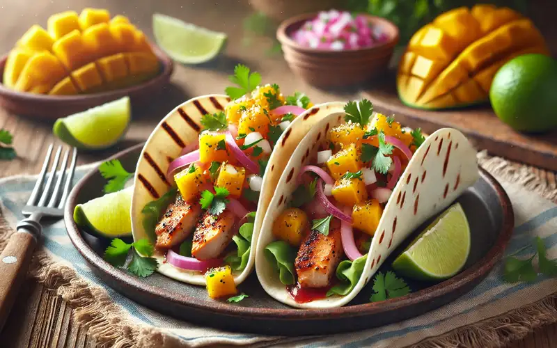 Tacos de pollo con salsa de mango